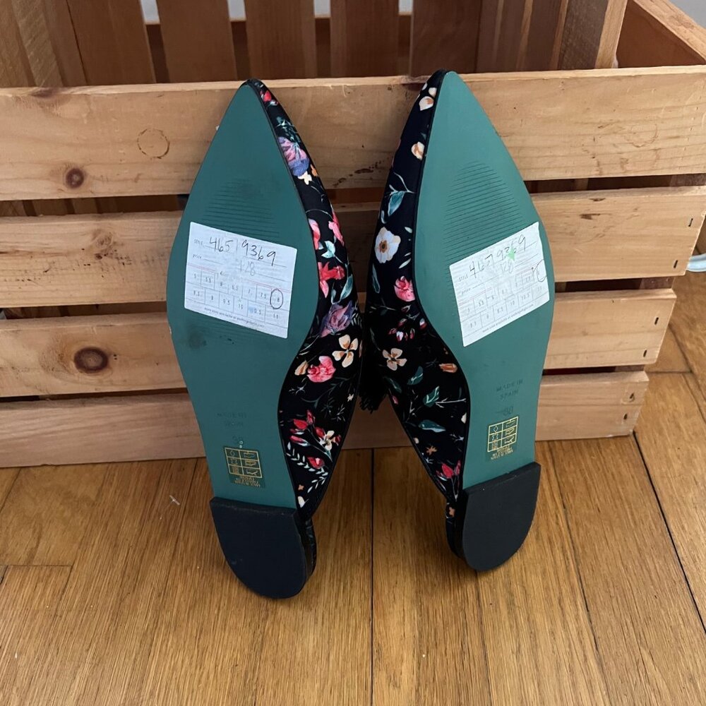 Floral Tasseled Anthropologie LAB Size 38 8 Black Pointed Toe Slides Flats Mules - Picture 12 of 15